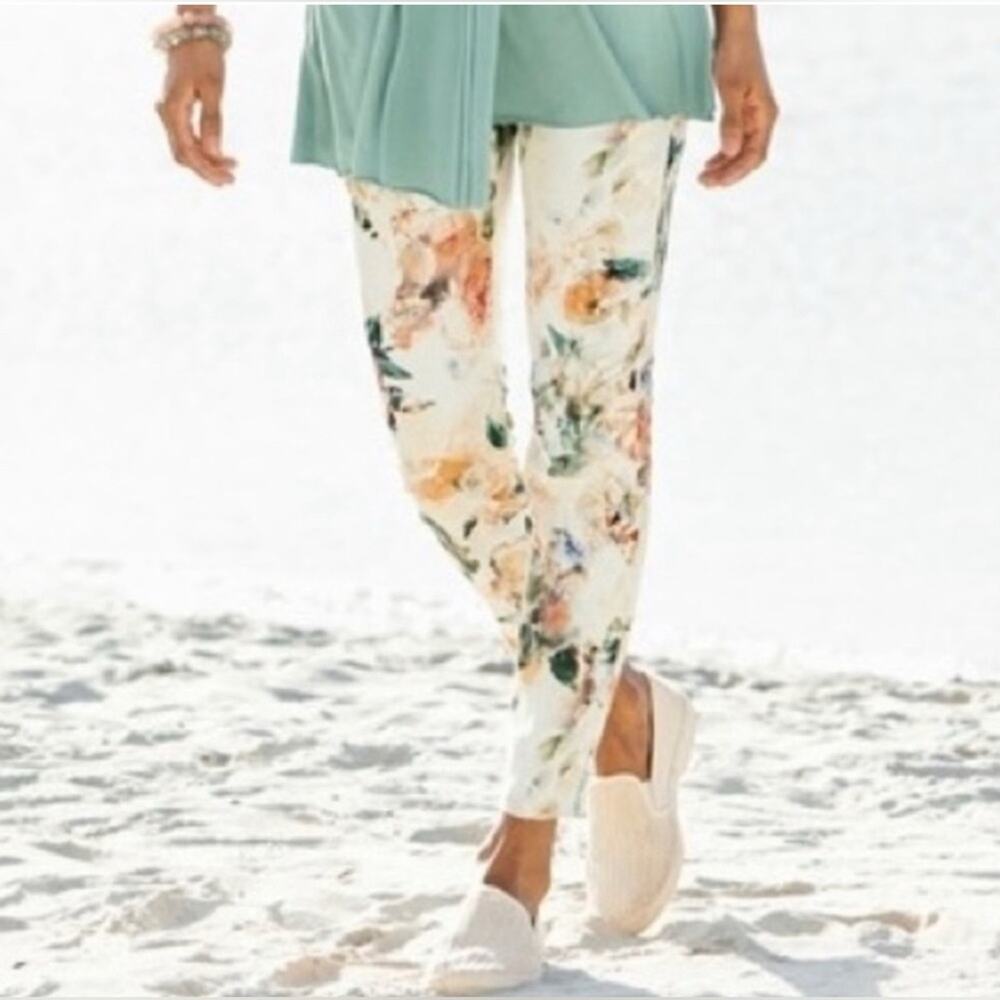 Peruvian Connection Isola Pant Women 10 White Watercolor Floral Cotton Excellent